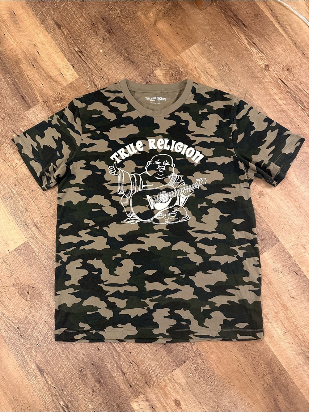 True Religion Buddha Graphic Camo T-Shirt Men's Large Green Black Crew Neck Tee